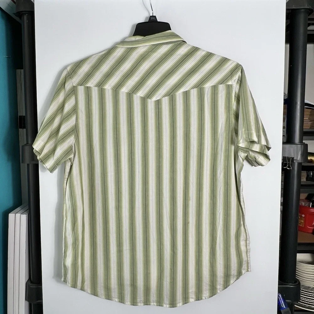 Arizona‎ Mens Size L Green White Stripe Vintage Fit Short Sleeve Pearl Snaps